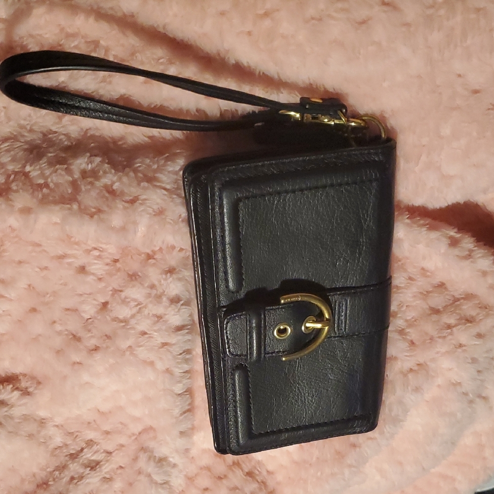 Coach Black Leather Wristlet with Gold Accents